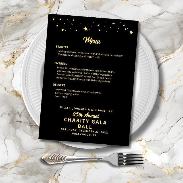 Charity Gala Boll Company Event Black Guld Elegant Meny (Charity Gala Ball Company Event Black Gold Elegant Menu with Gold Stars, Menu Choices, Event Details)