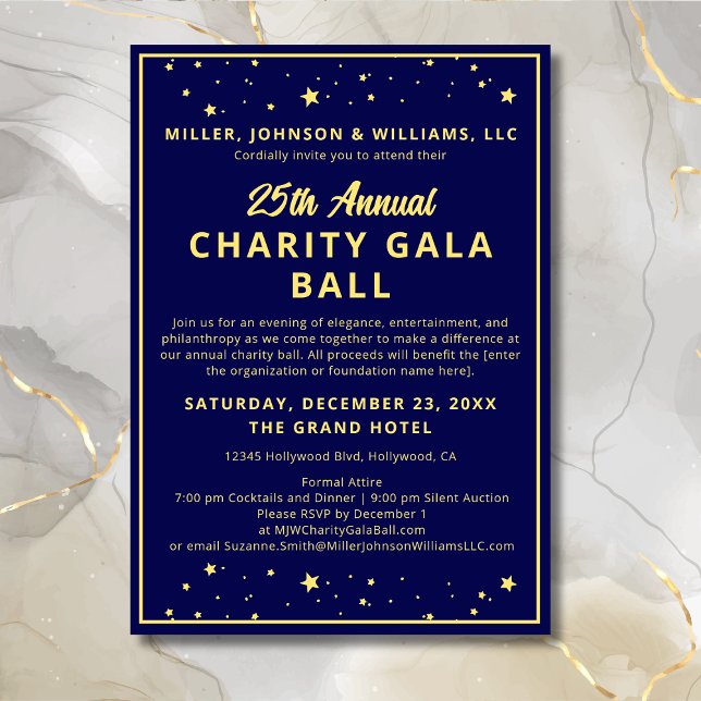 Charity Gala Boll Silent Auction Elegant Blue Guld Inbjudningar (Annual Charita Gala Ball Silent Auction Fundraiser Invitation in Navy Blue and Gold with Gold Stars.)
