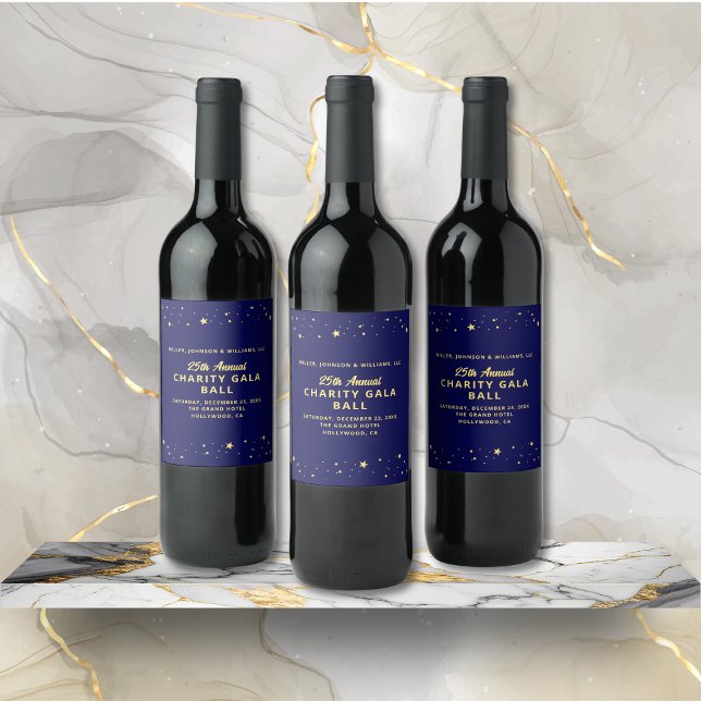 Charity Gala Boll Silent Auction Elegant Blue Guld Vinflaska Etikett (Annual Charity Gala Ball Fundraiser Event Wine Bottle with Event Details, Navy Blue, Gold Stars.)