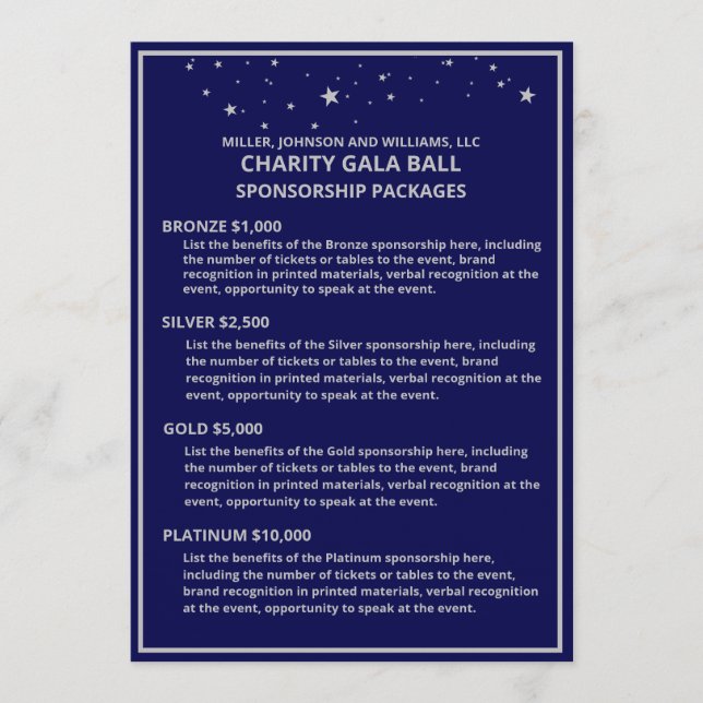Charity Gala Boll Sponsorship Blue Silver Star Meddelande (Framsida)