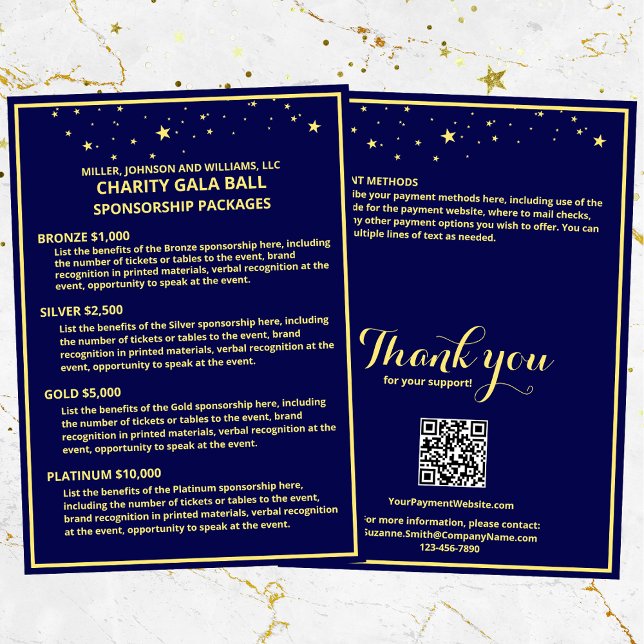 Charity Gala Boll Sponsorship Card Blue Guld Stars Meddelande (Charity Gala Ball Sponsorship Packages, customize for your event, with a QR code for payments.)