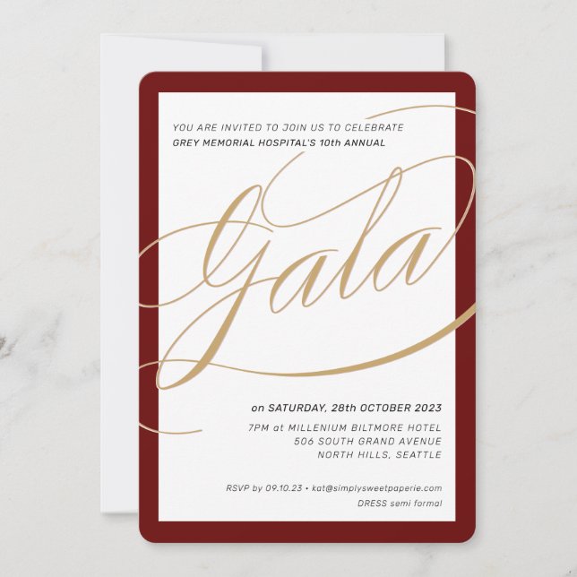 CHARITY GALA elegant - formell kalligrafmaron Inbjudningar (Framsida)