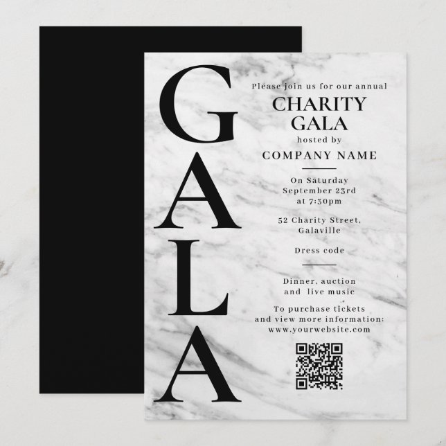 Charity Gala Fundraising Event QR Code Marble Inbjudningar (Fram/baksida)