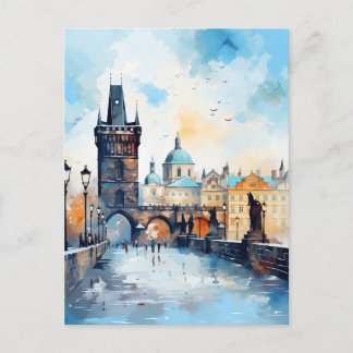 Charles Bridge Prag Solnedgång Akvarell Resa Vykort
