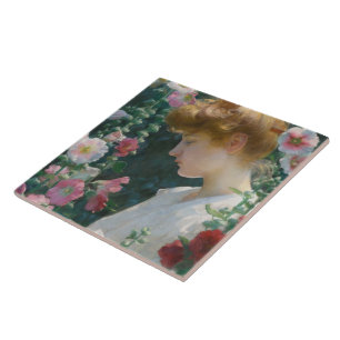 Charles Courtney Curran Hollyhocks och Sunlight Kakelplatta