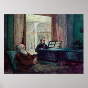 Charles Darwin och hans fru på Piano Poster