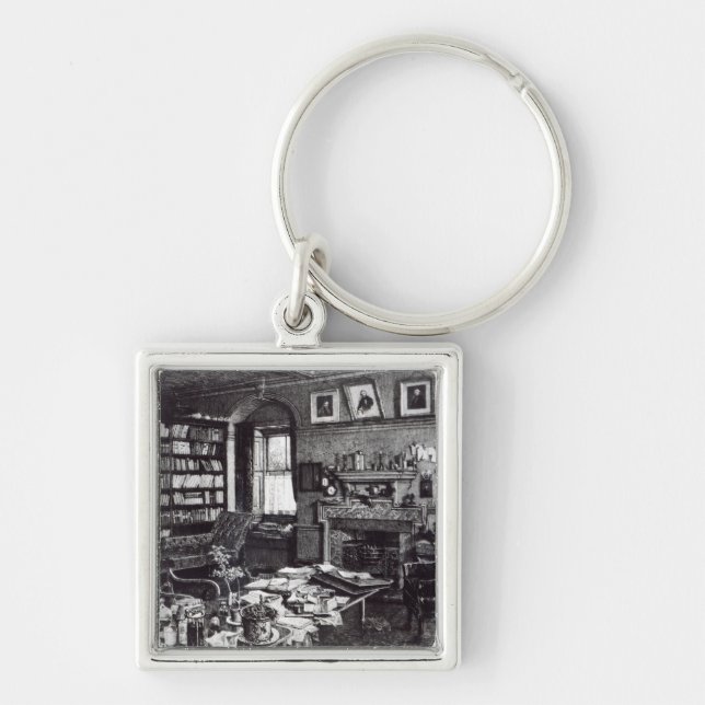 Charles Darwin studie på Down huset, 1882 Fyrkantig Silverfärgad Nyckelring (Framsidan)