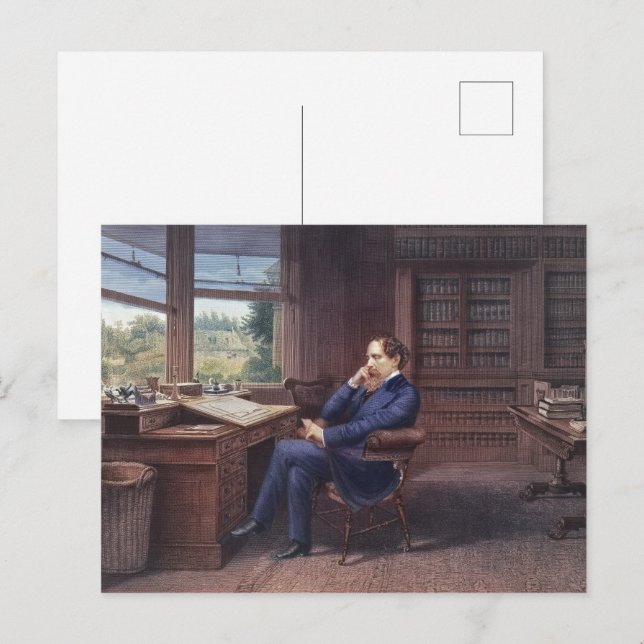 Charles Dickens i hans studie Vykort (Fram/baksida)