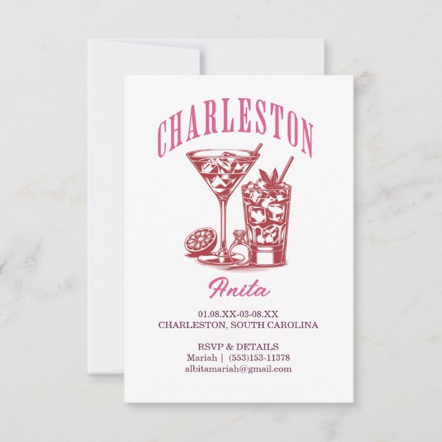 charleston bachelorette helg cocktail rosa red inbjudningar (Framsida)