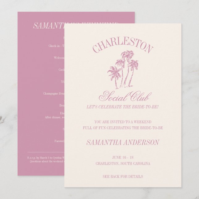 Charleston Bachelorette Helg Rosa Social Klubb Inbjudningar (Fram/baksida)