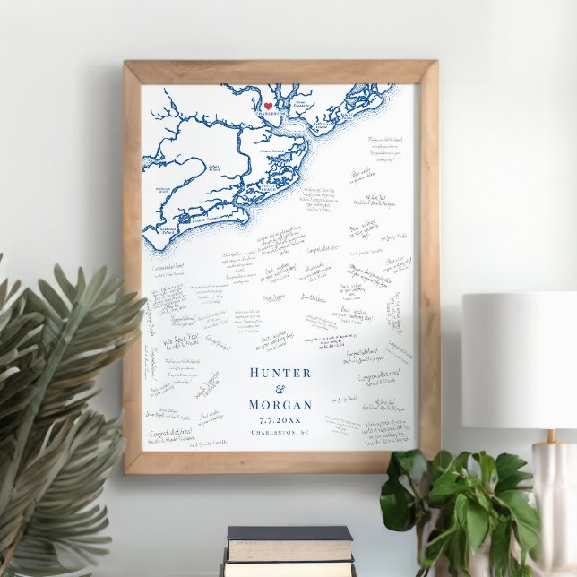 Charleston Bröllop Elegant Karta Guest Bok Poster (Charleston SC map alternative wedding guest book poster with elegant navy blue South Carolina map)