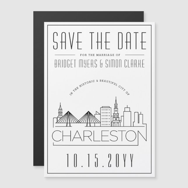 Charleston Bröllop|Stylized Skyline Spara datum Magnetisk Inbjudningskort (Fram/baksida)