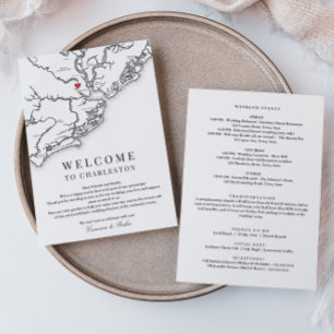 Charleston Bröllop Welcome Itinerary Black White Tack Kort