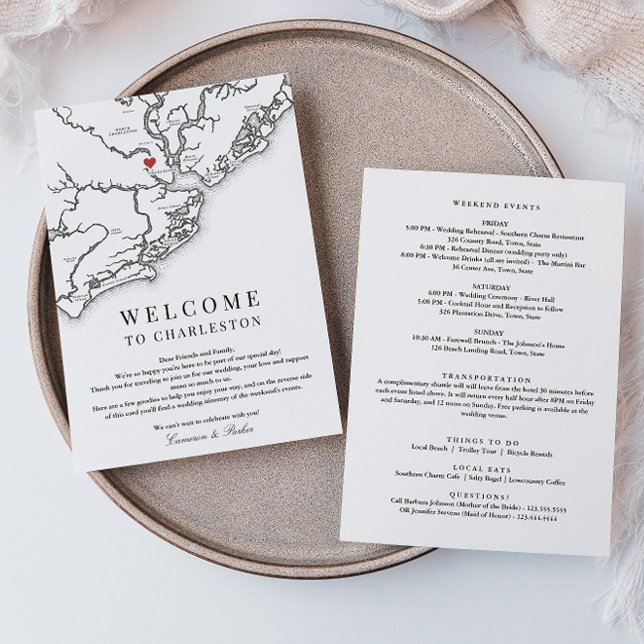Charleston Bröllop Welcome Itinerary Black White Tack Kort (Charleston SC Wedding Weekend Itinerary Schedule of events in Elegant black and white )