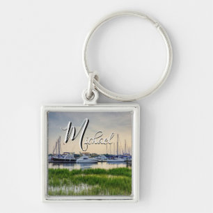 Charleston Harbour Boats Sunset Square Keychain Fyrkantig Silverfärgad Nyckelring