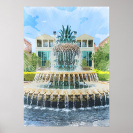 Charleston Pineapple Fontän Watercolor Poster