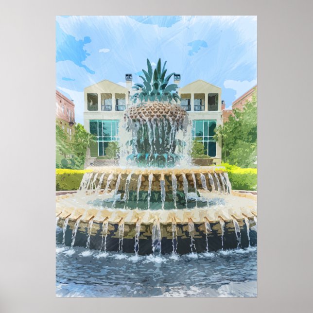 Charleston Pineapple Fontän Watercolor Poster (Framsidan)