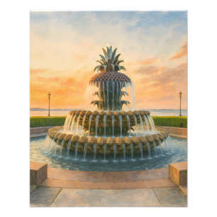 Charleston Pineapple Fontän Watercolor Sunset Fototryck