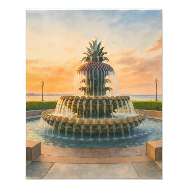 Charleston Pineapple Fontän Watercolor Sunset Fototryck (Framsidan)