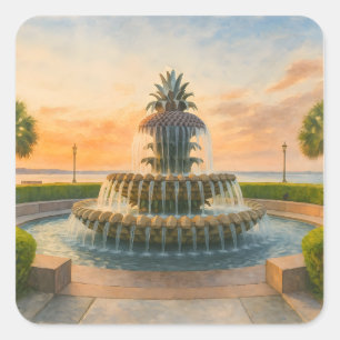 Charleston Pineapple Fontän Watercolor Sunset Fyrkantigt Klistermärke