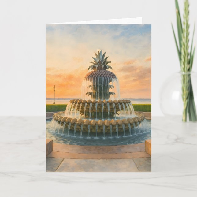 Charleston Pineapple Fontän Watercolor Sunset Helgkort (Framsida)
