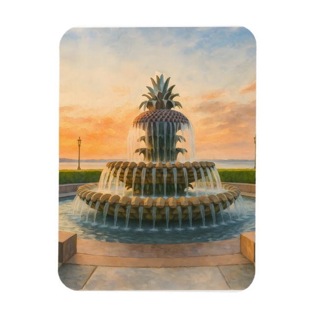 Charleston Pineapple Fontän Watercolor Sunset Magnet (Vertikal)