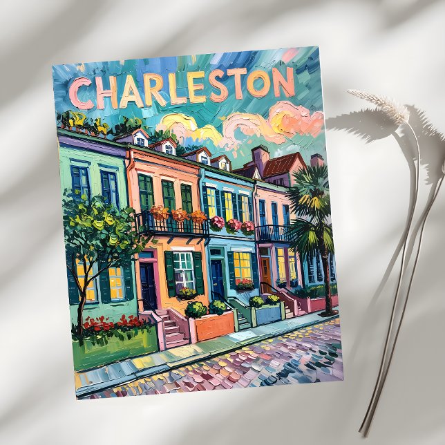Charleston Rainbow Row Colorful Van Gogh Travel Vykort (Skapare uppladdad)