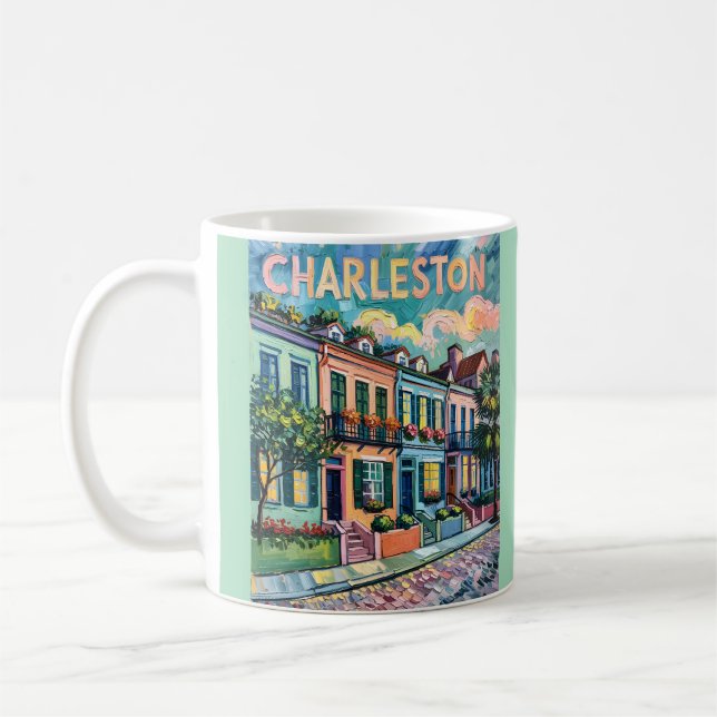 Charleston Rainbow Row SC Färgglada Van Gogh Retro Kaffemugg (Vänster)