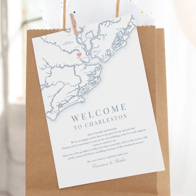 Charleston SC Bröllop Welcome Itinerary Dusty Blue Tack Kort (Charleston SC Wedding Weekend Itinerary Schedule of events in dusty blue from Coastal Map Designs)