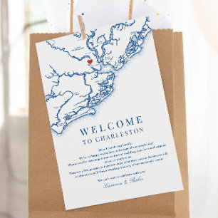 Charleston SC Bröllops välkomstprogram Marinblå Tack Kort