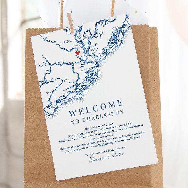 Charleston SC Bröllops välkomstprogram Marinblå Tack Kort (Charleston SC Wedding Weekend Itinerary Schedule of events in Elegant navy blue )