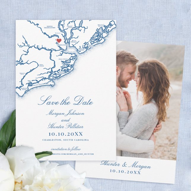 Charleston SC Elegant Navy Blue Bröllop Spara Datumet (Charleston SC Map Wedding Save the Date in Elegant Navy Blue from Coastal Map Designs)