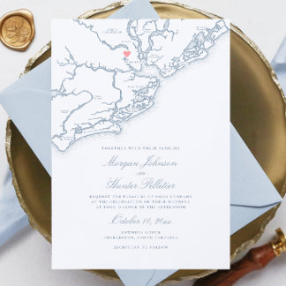 Charleston SC Karta Elegant Dammig Blå Bröllop Inbjudningar