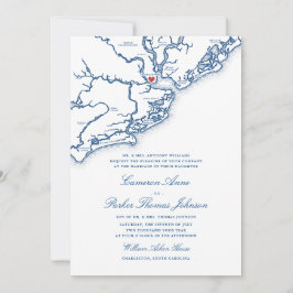Charleston SC Karta Elegant Marinblå Bröllop Inbjudningar