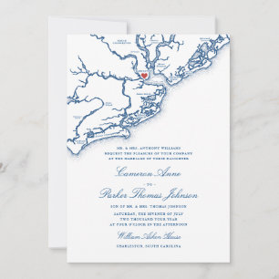 Charleston SC Karta Elegant Marinblå Bröllop Inbjudningar