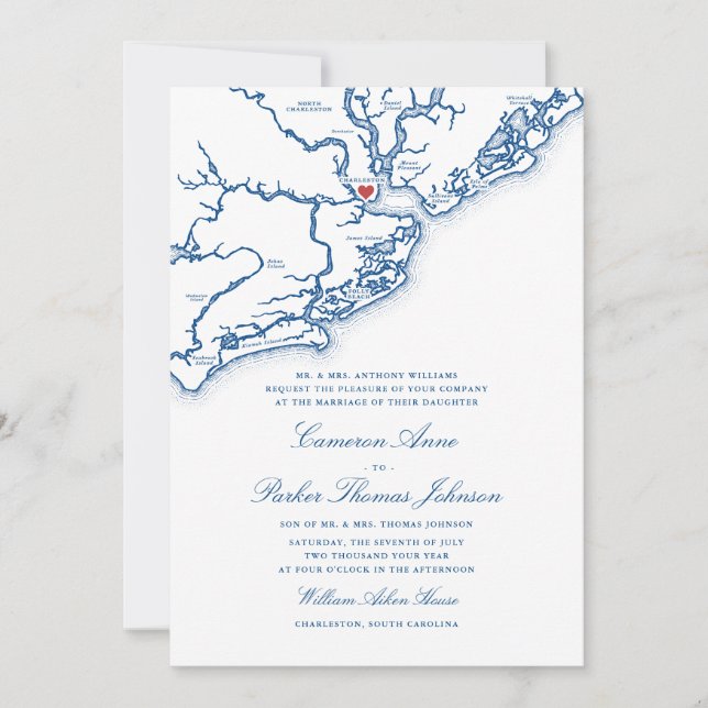 Charleston SC Karta Elegant Marinblå Bröllop Inbjudningar (Framsida)