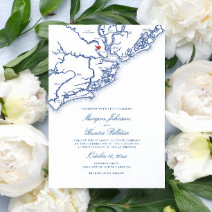 Charleston SC Karta Elegant Navy Blue Bröllop Inbjudningar