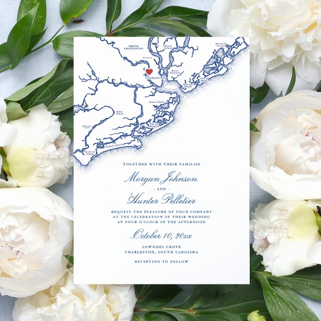 Charleston SC Karta Elegant Navy Blue Bröllop Inbjudningar (Charleston South Carolina Map Wedding Invitation in elegant navy blue from Coastal Map Designs)