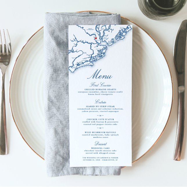 Charleston SC Karta Elegant Navy Blue Bröllop Meny (Charleston South Carolina Wedding Menu in elegant navy blue from Coastal Map Designs)