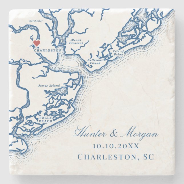 Charleston SC Karta Elegant Navy Blue Wedding Favo Stenunderlägg (Framsidan)