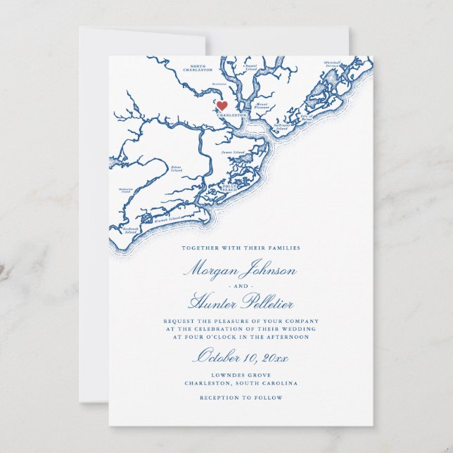 Charleston SC Map Elegant Navy Blue Wedding Inbjudningar (Framsida)