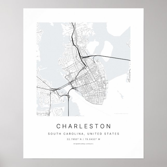 Charleston SC Minimalistisk Stadskarta Konsttryck Poster (Framsidan)