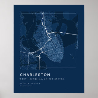 Charleston SC Navy Blue Stadskarta Konsttryck Poster