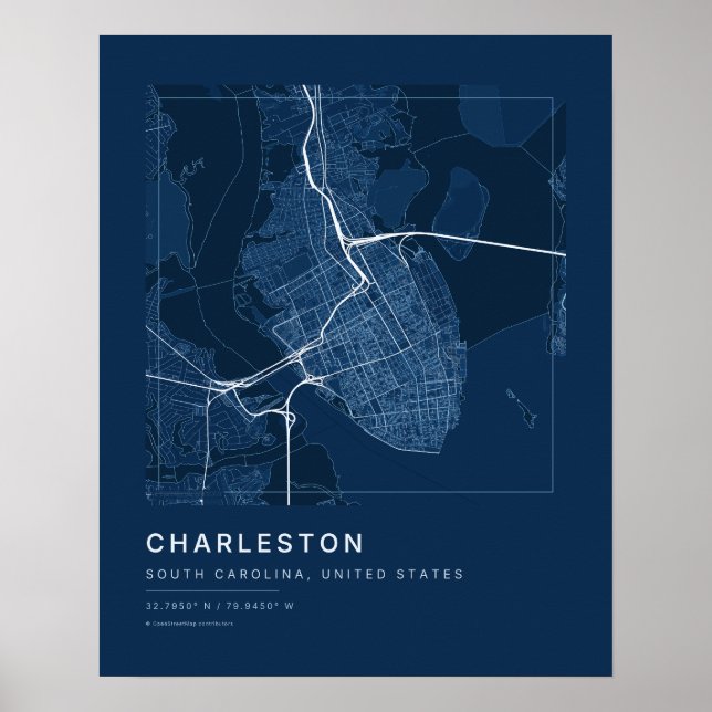 Charleston SC Navy Blue Stadskarta Konsttryck Poster (Framsidan)
