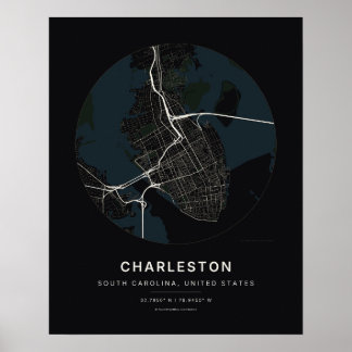Charleston SC Svart Stadskarta Konsttryck Poster