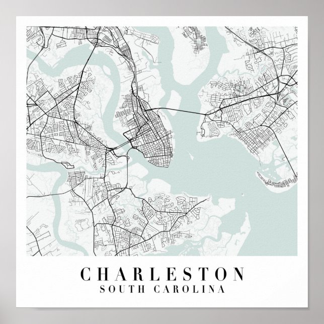 Charleston South Carolina Blue Vatten Street Karta Poster (Framsidan)