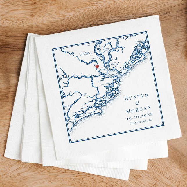 Charleston South Carolina Karta Elegant bröllop Pappersservett (Charleston South Carolina Map Napkins for an Elegant Navy Blue wedding from Coastal Map Designs)
