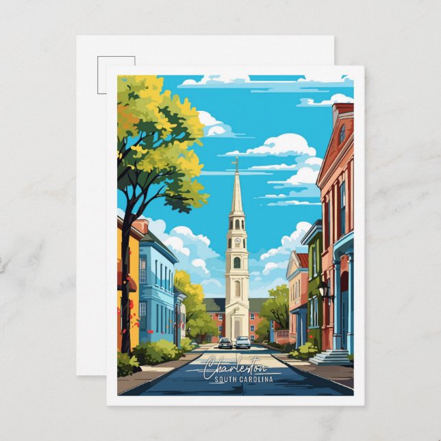 Charleston South Carolina Travel Illustration Vykort (Fram/baksida)