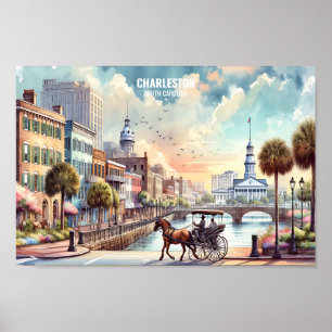 Charleston South Carolina Travel Ställe, vattenfär Poster