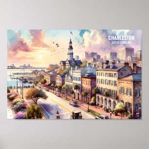 Charleston South Carolina Travel Ställe, vattenfär Poster